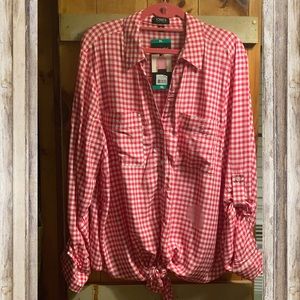 Jones New York Red Gingham Tie Front Top XL